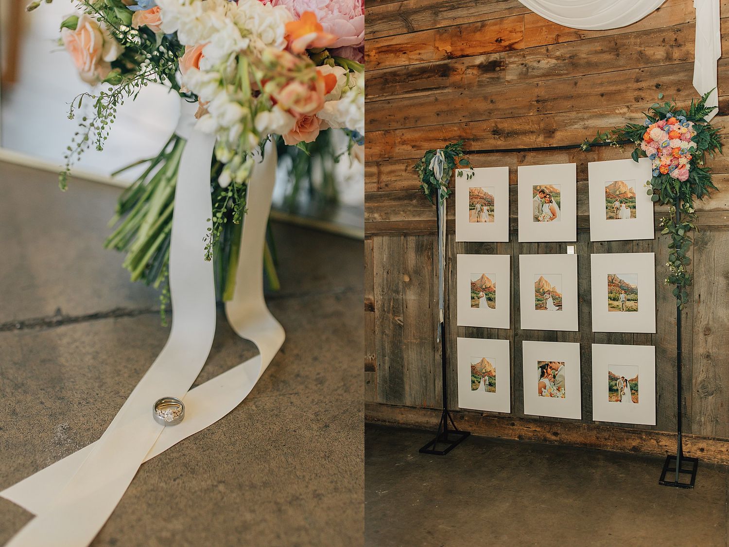 Wedding bouquet with peach flowers and white ribbon beside a ring, next to a rustic seating chart display with framed photos.