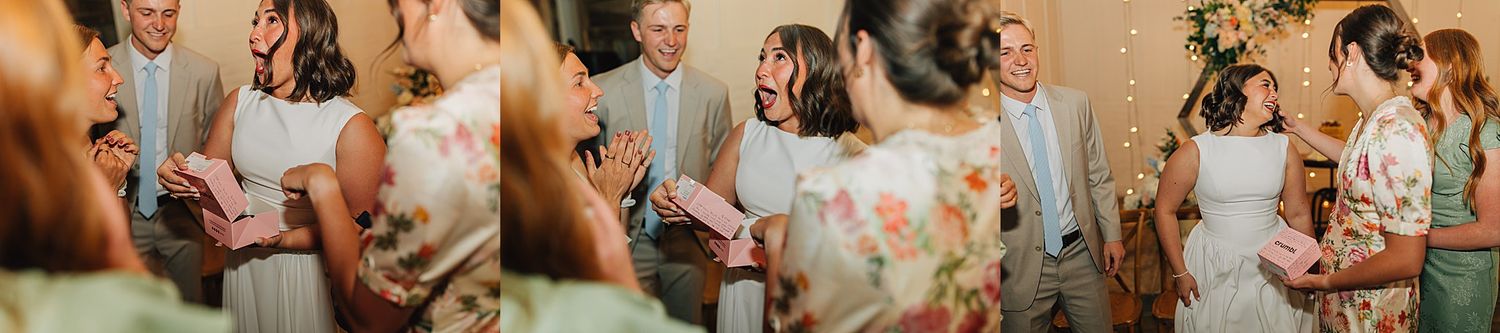Bride and groom sharing a joyful moment with wedding guests during an intimate indoor reception celebration.
