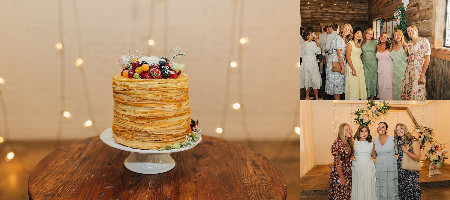 A rustic wedding collage featuring a layered crepe cake with fresh berries, bridal party in sage gowns, and bride with guests.