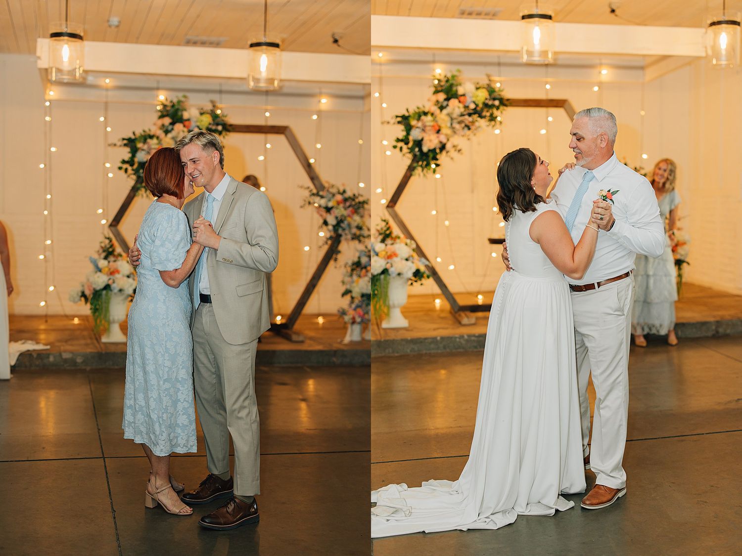 Couple shares first dance at wedding reception with hexagonal floral arch and string lights backdrop.