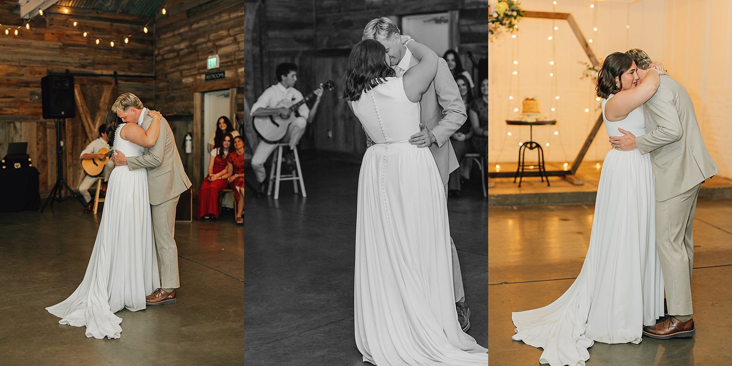 Bride and groom share first dance at rustic barn wedding venue with live guitarist performing in background.