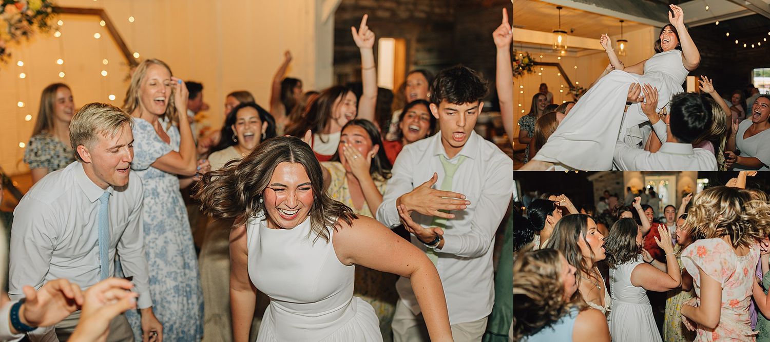 Guests celebrate joyfully on the dance floor at a lively wedding reception, with the bride dancing energetically among friends.