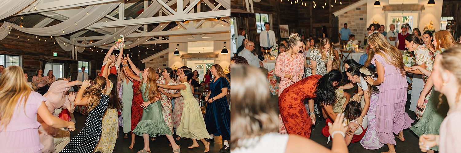 Guests dance and celebrate together on the dance floor at a vibrant wedding reception party.