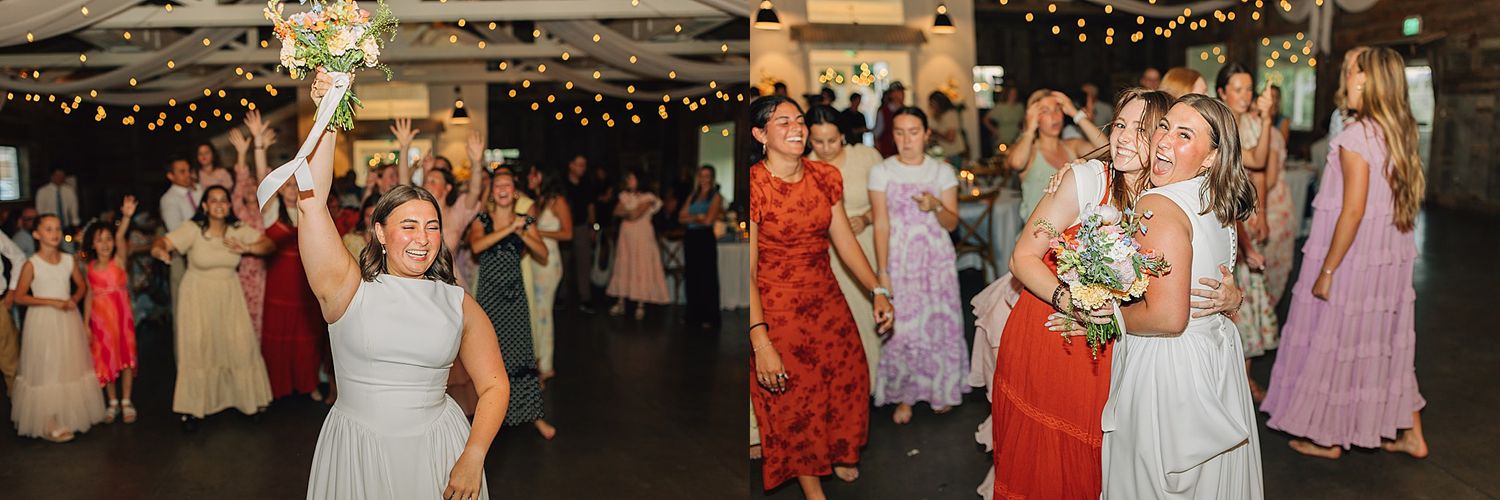 Excited wedding guests reach up to catch the bridal bouquet toss at a festive indoor wedding reception.