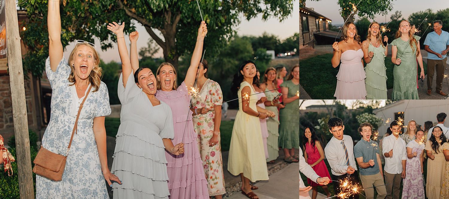 Joyful wedding guests in floral dresses celebrating outdoors, with bridesmaids in sage green gowns and a cozy bonfire gathering.