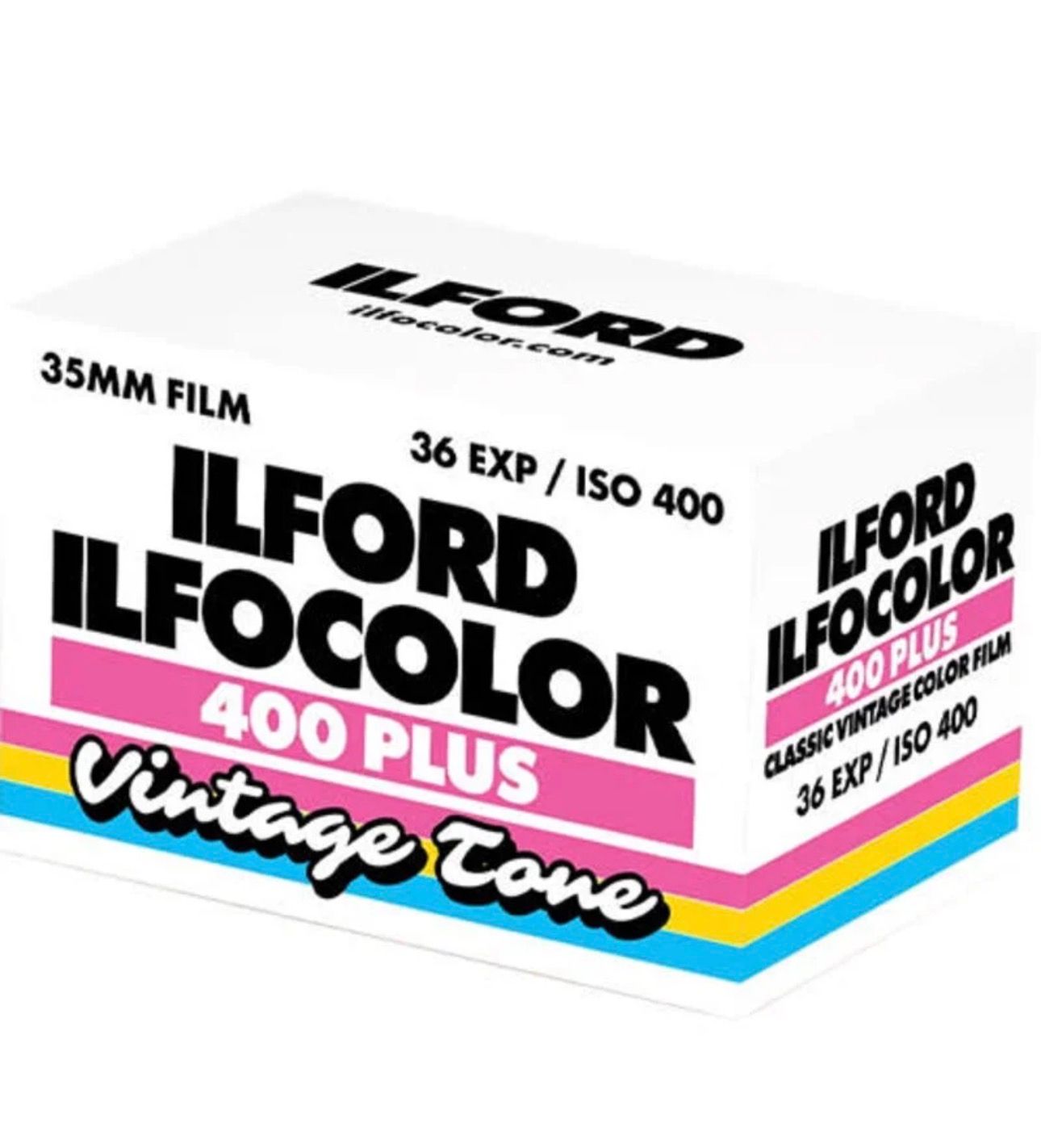 Ilford Ilfocolor 400 Plus Vintage Tone 35mm color film, 36 exposures, ISO 400, in white pink and blue packaging.