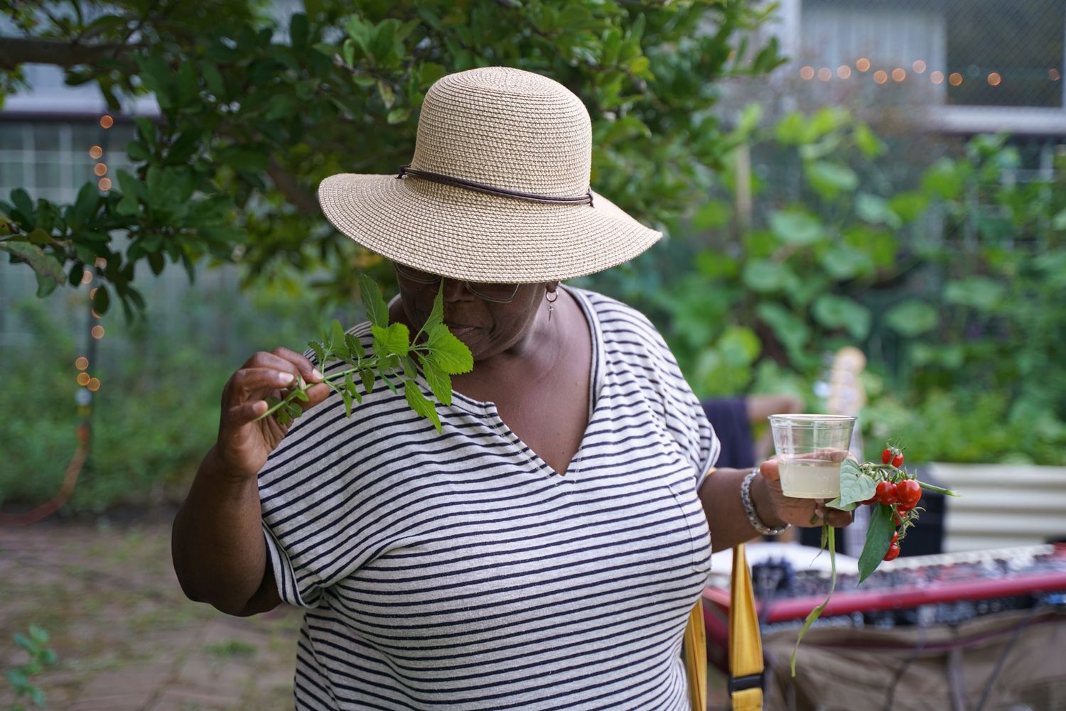 Woman in straw hat examines plant leaves while holding a glass drink in a lush garden setting.