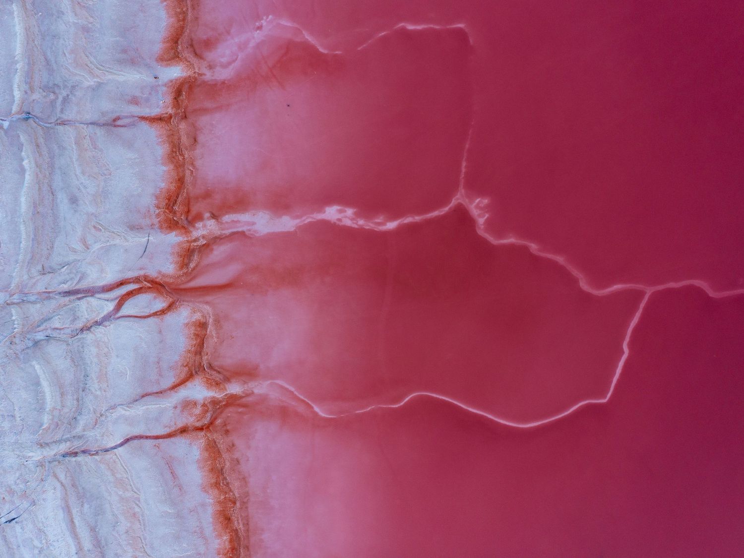 Aerial close-up of salt crust patterns at Lake Urmia, Iran, where white salt meets deep red water.