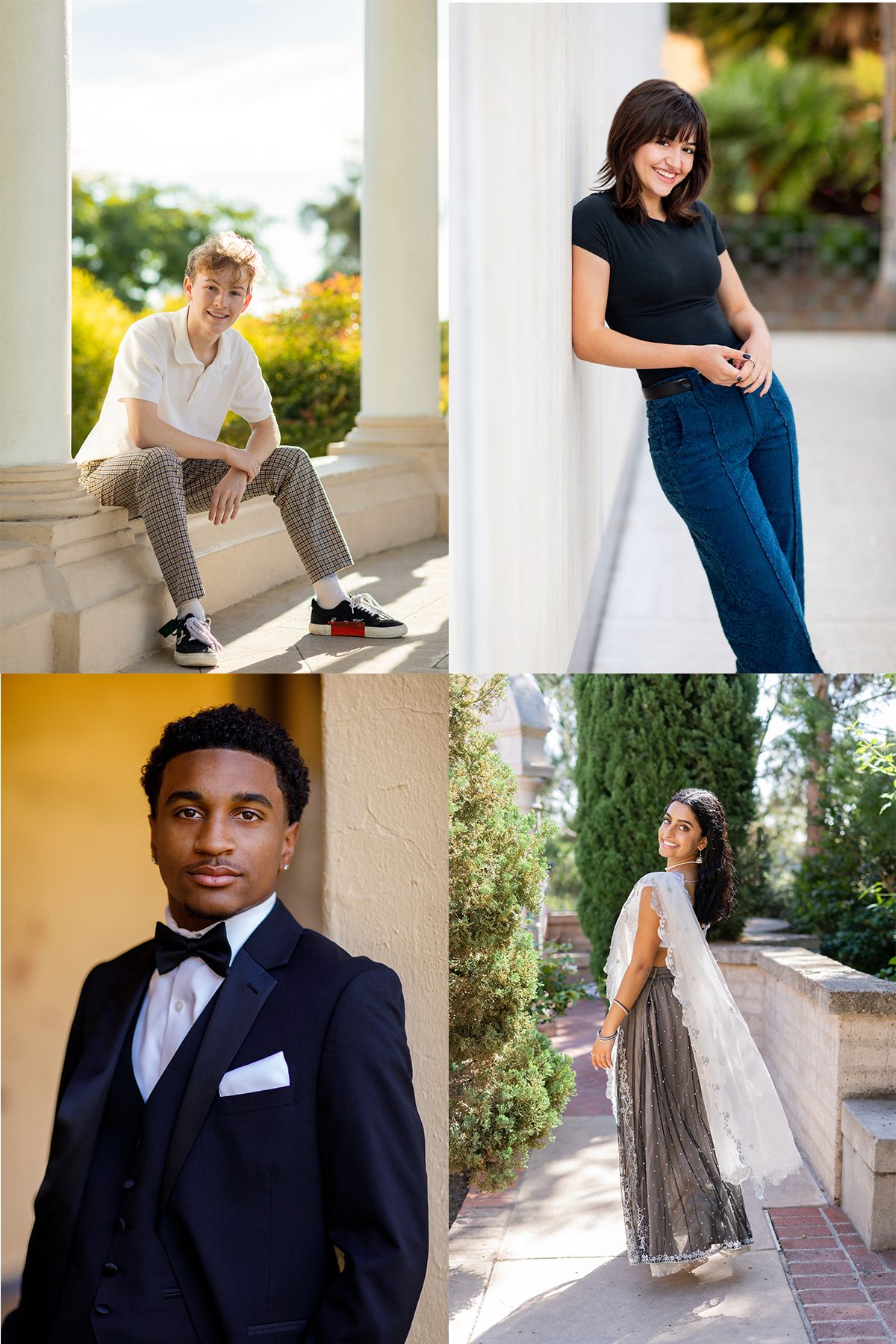 Collection of four professional portrait photographs showing subjects in casual and formal attire against outdoor backgrounds.