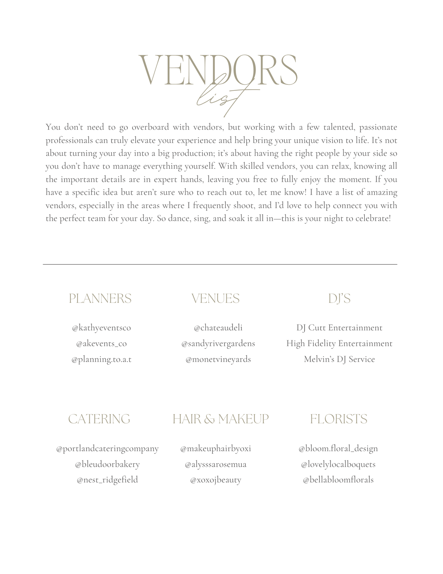Wedding vendor list card featuring planners, venues, DJs, catering, hair and makeup, and florists in elegant typography.