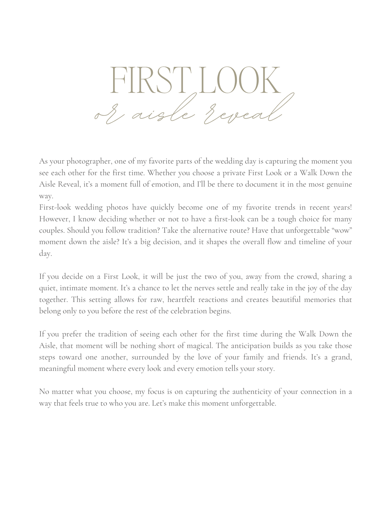 Wedding photography guide page titled First Look or Aisle Reveal with elegant script text on white background.