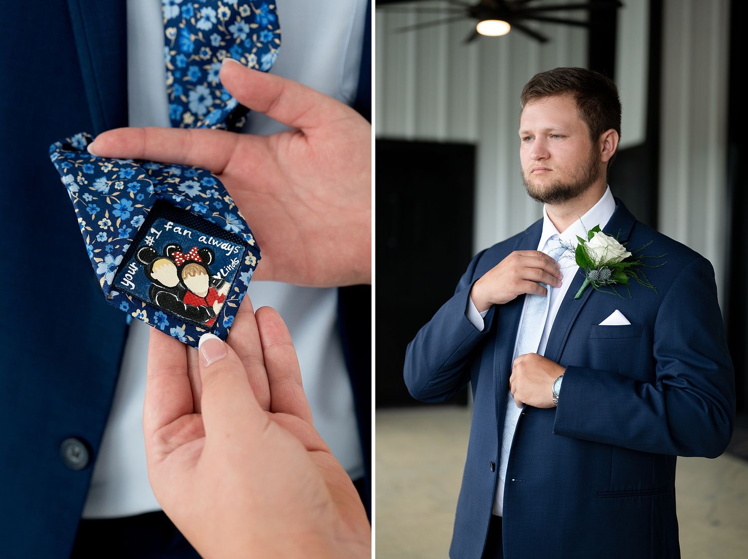 Groom in navy suit adjusting tie with floral cufflinks detail, wearing white boutonniere, preparing for wedding ceremony.