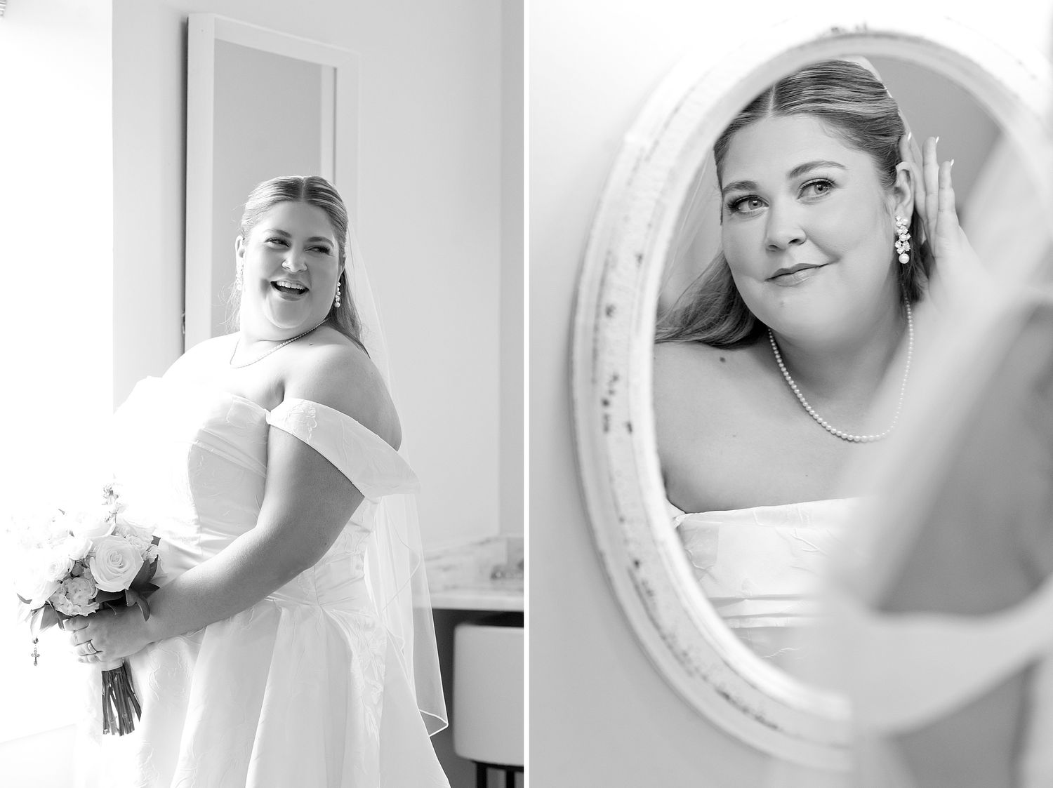 Black and white bridal portraits showing bride with bouquet and reflection in ornate mirror.
