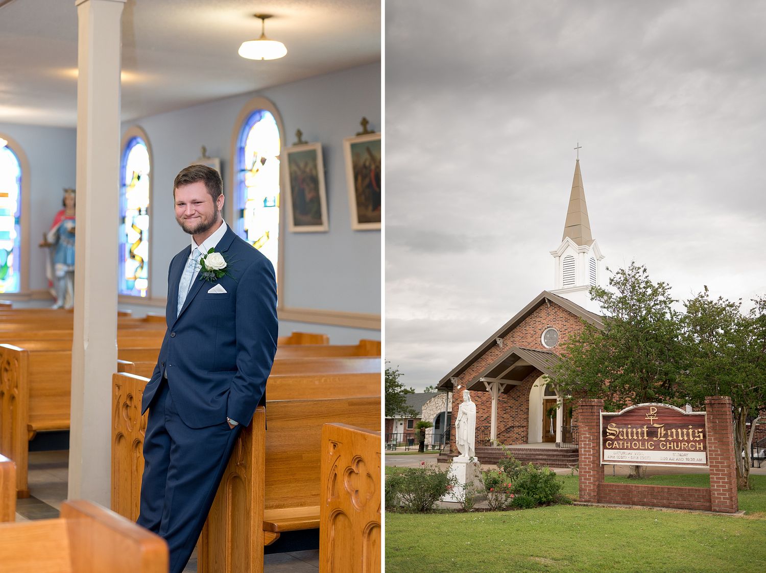 Groom in navy suit stands in church pew beside stained glass windows next to Saint Louis Catholic Church exterior.