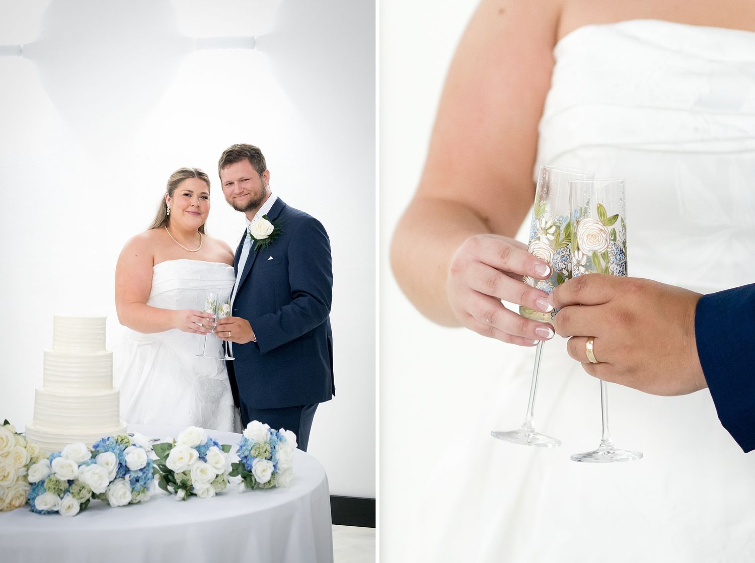 Bride and groom cutting wedding cake beside champagne flutes and blue floral arrangements at elegant reception.