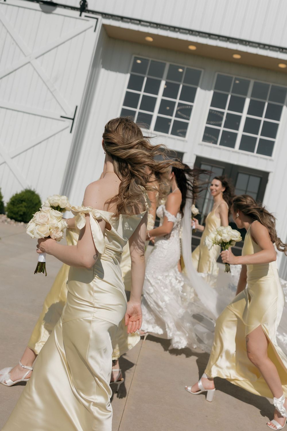 Bridesmaids in yellow satin gowns walk with bride in lace mermaid dress toward a white barn venue.