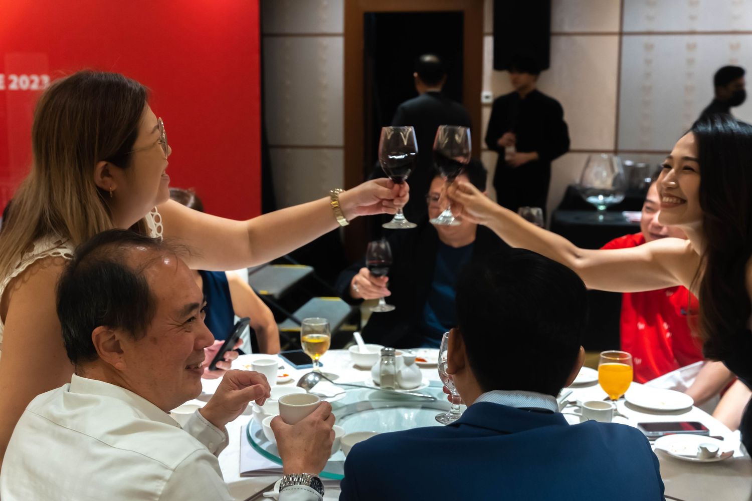 Friends toasting with wine glasses across a dining table during a celebratory meal.