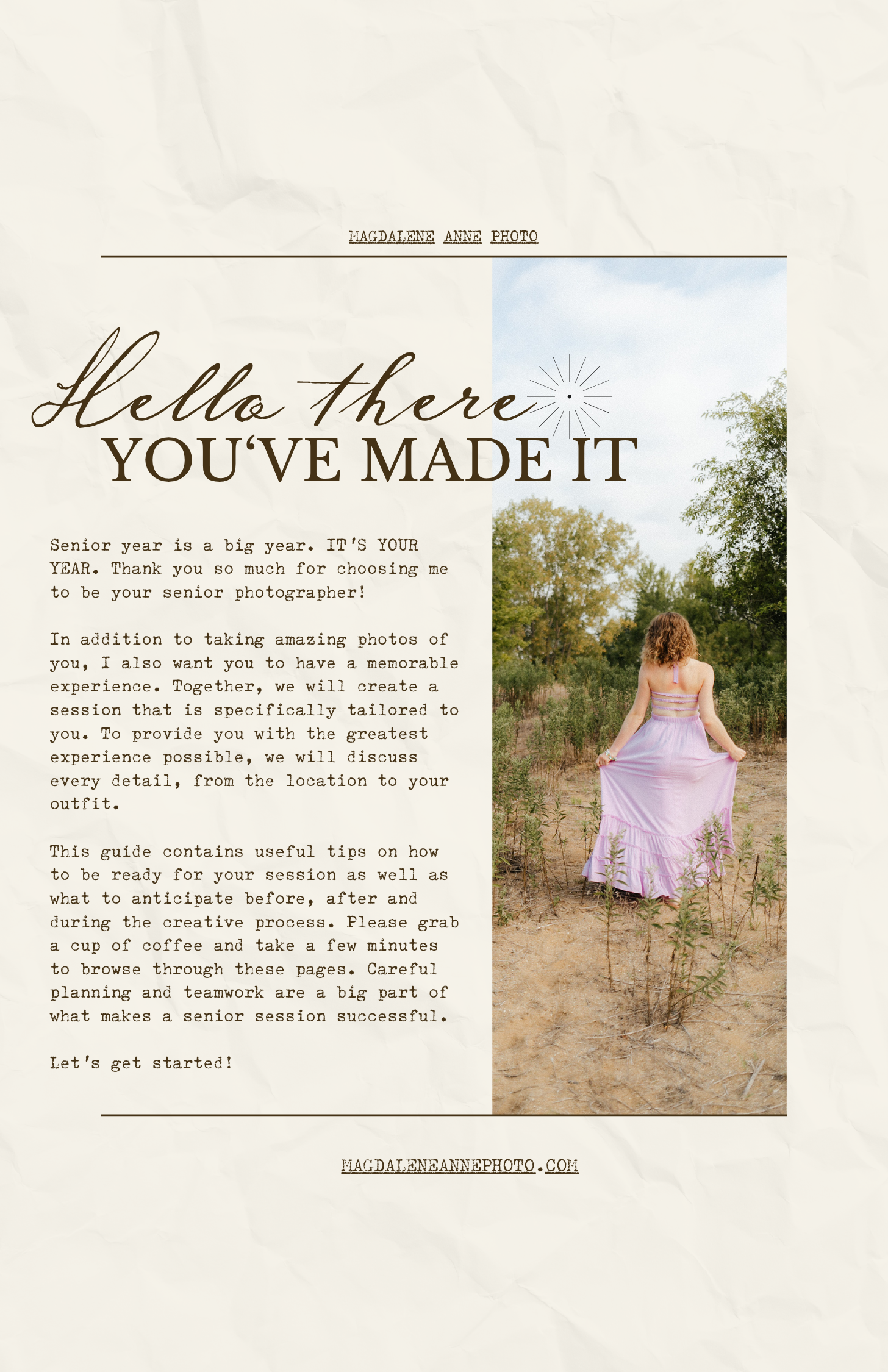Photography session guide page with 'What to Expect' header and portrait.