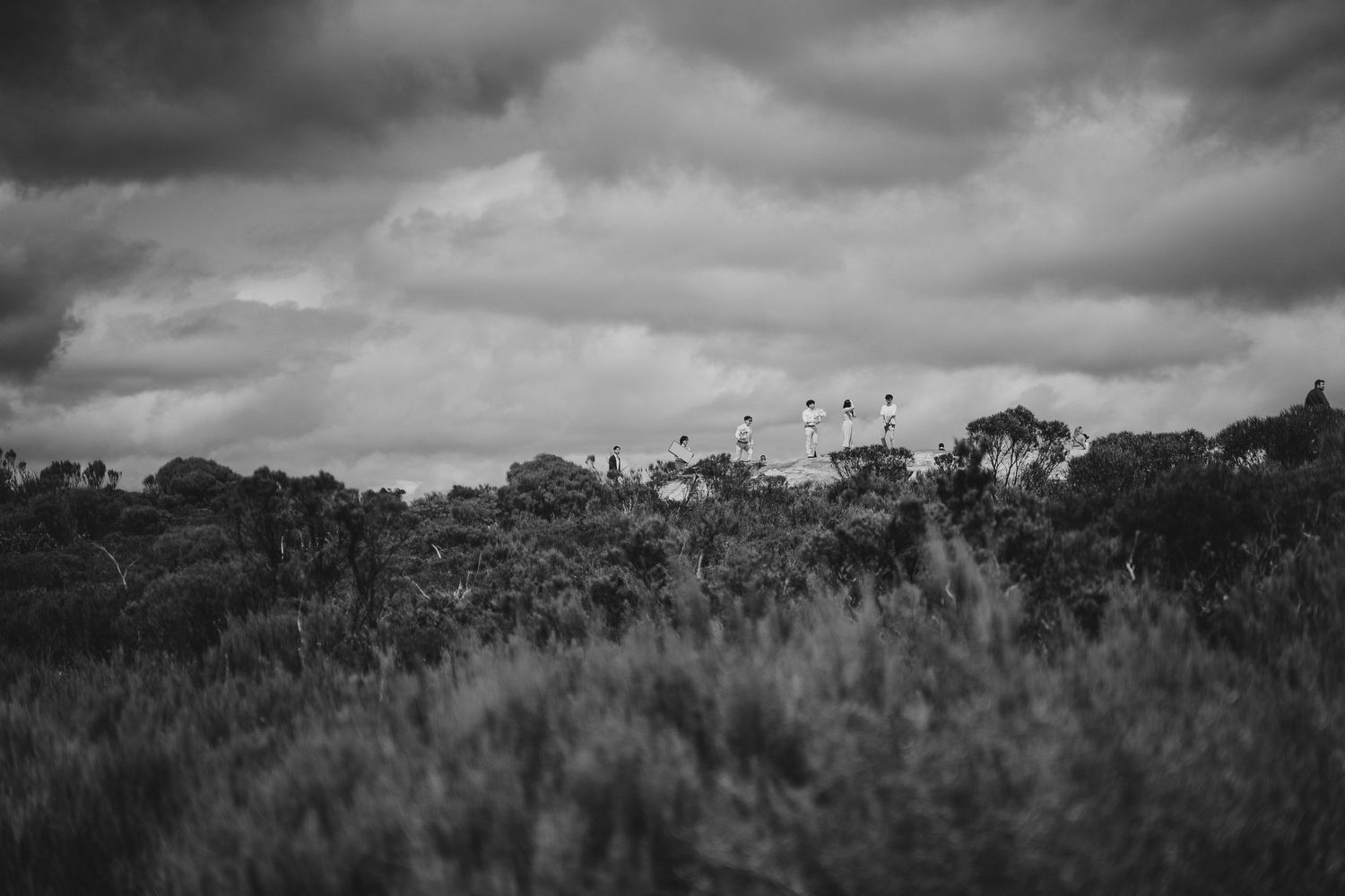 A dramatic black and white landscape with hot air balloons rising in the distance under moody clouds.