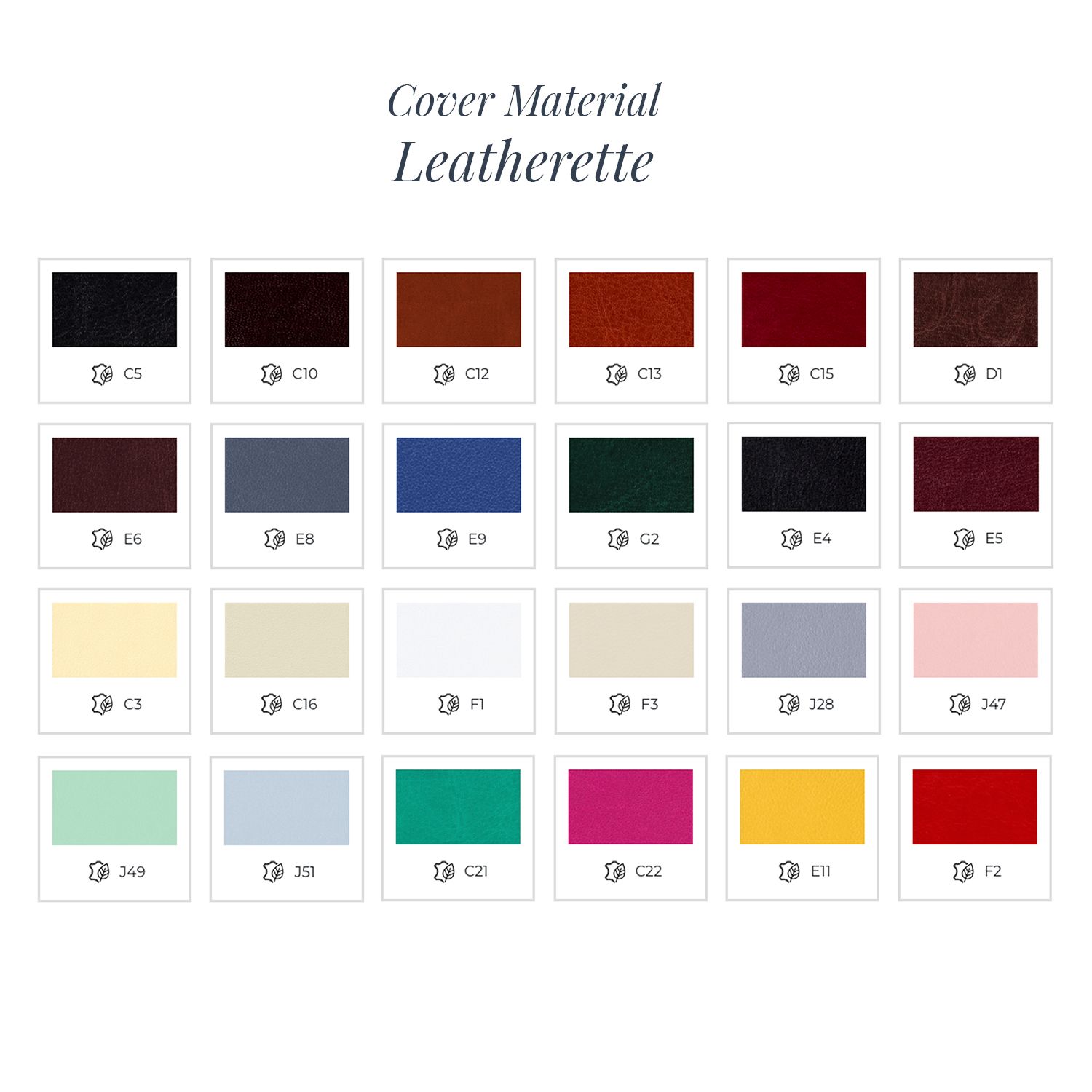 Color swatch chart showing various leatherette material options in different shades and hues.
