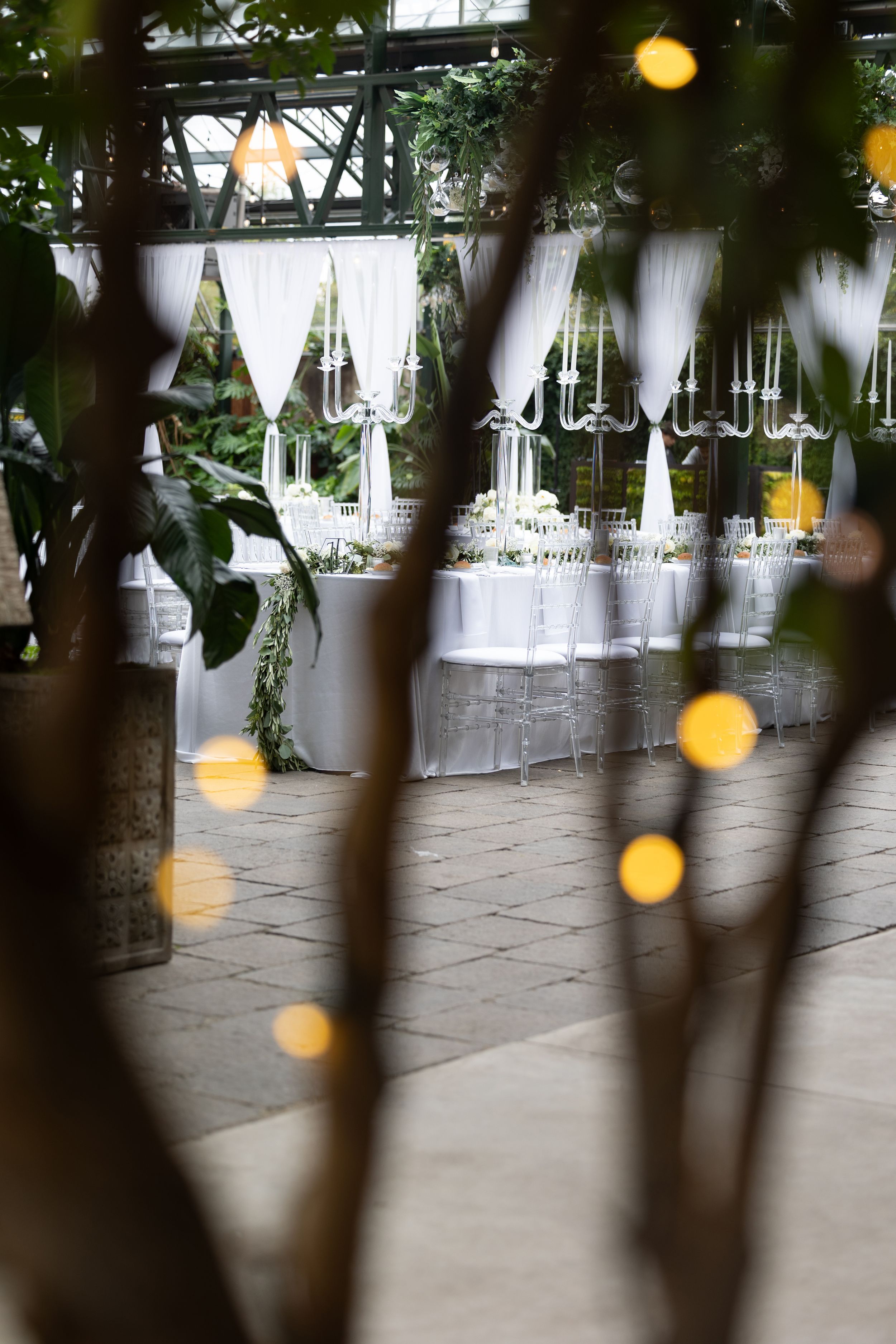 White curtains and elegant table settings in an indoor event space viewed through decorative branches with bokeh lights.