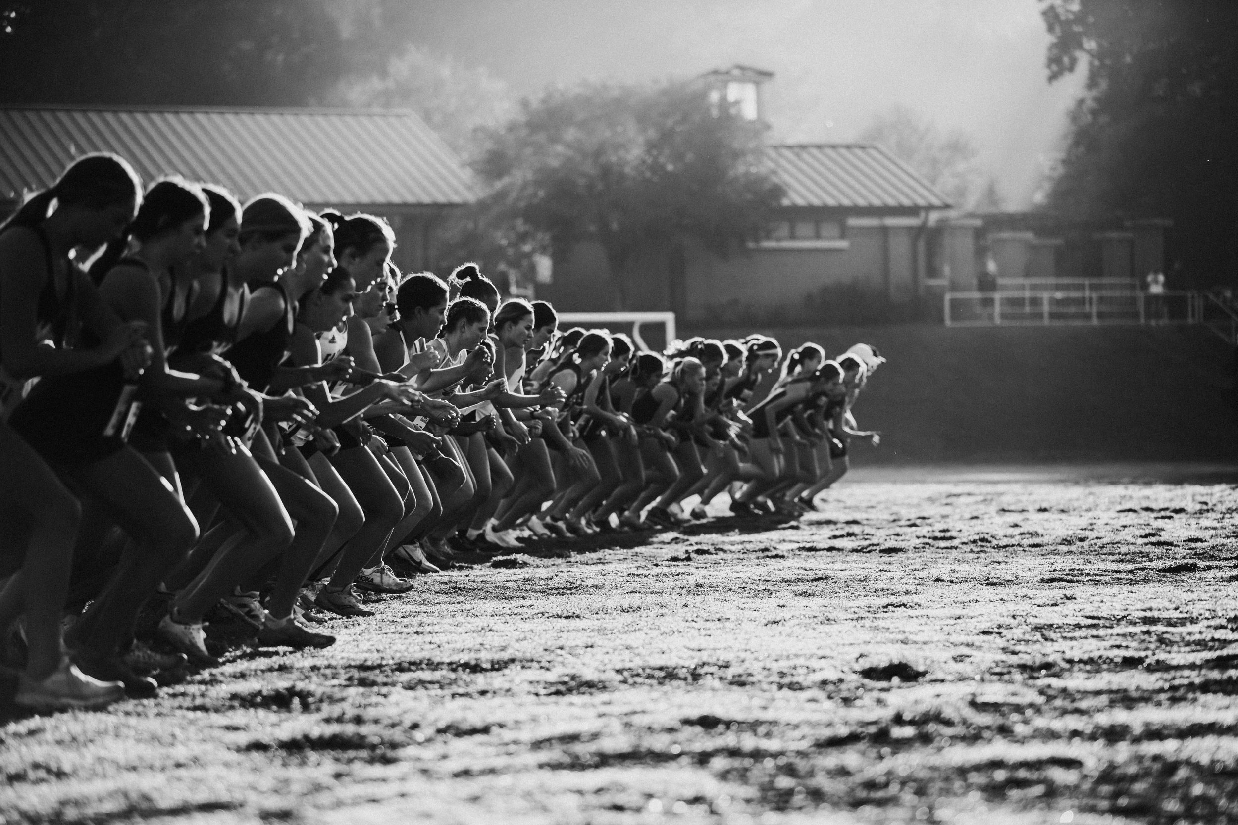 Rugby team huddles in formation on a dusty field during practice as sunlight streams through trees in black and white.