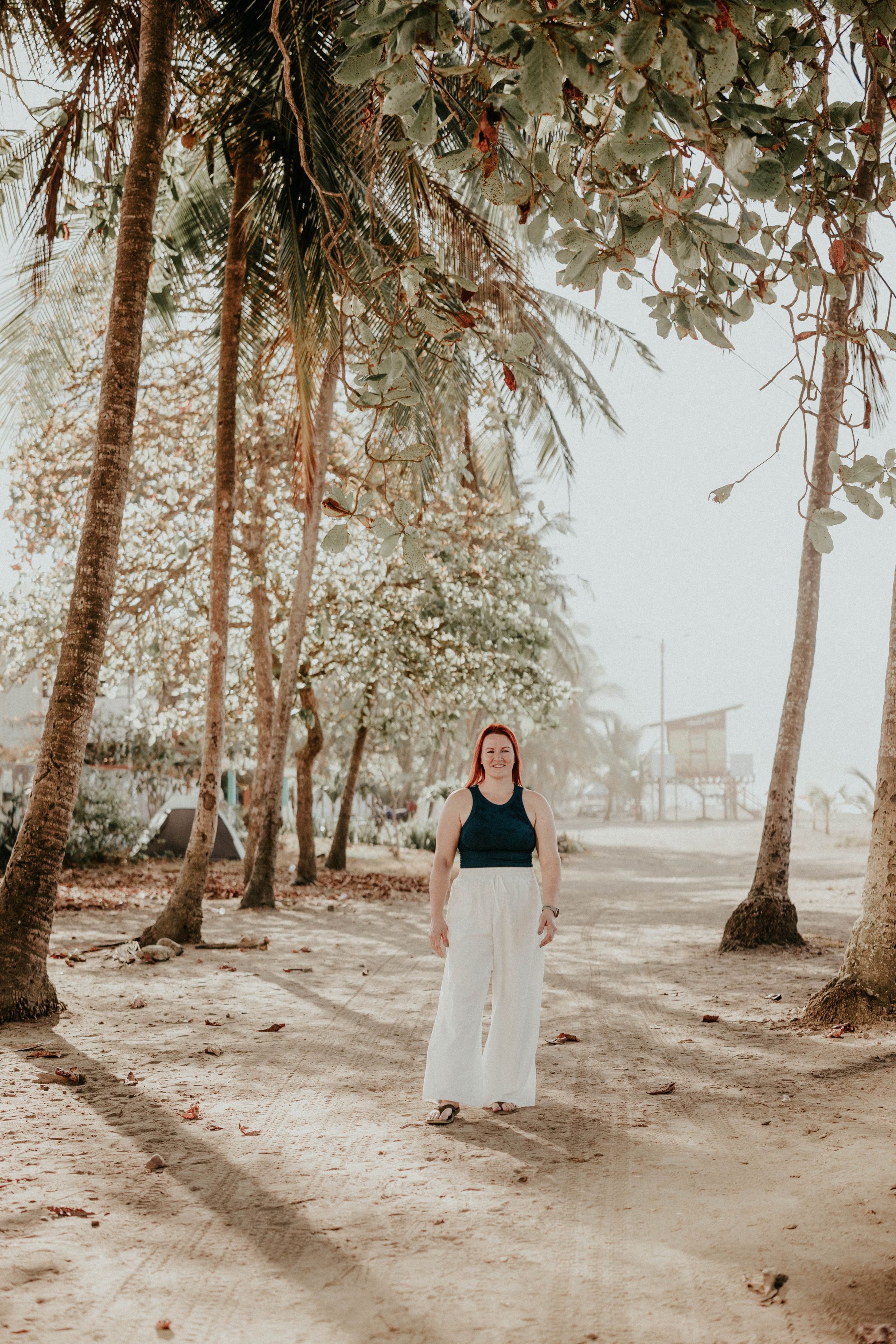 A serene path winds through palm trees along a tropical beach in a dreamy sepia-toned photograph.