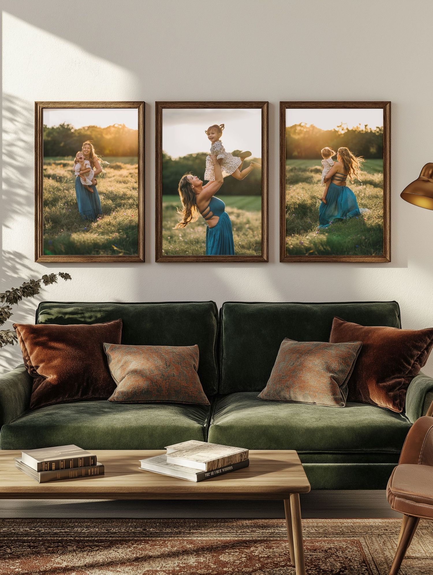 Living room interior with three framed photos above a green velvet sofa and wooden coffee table.