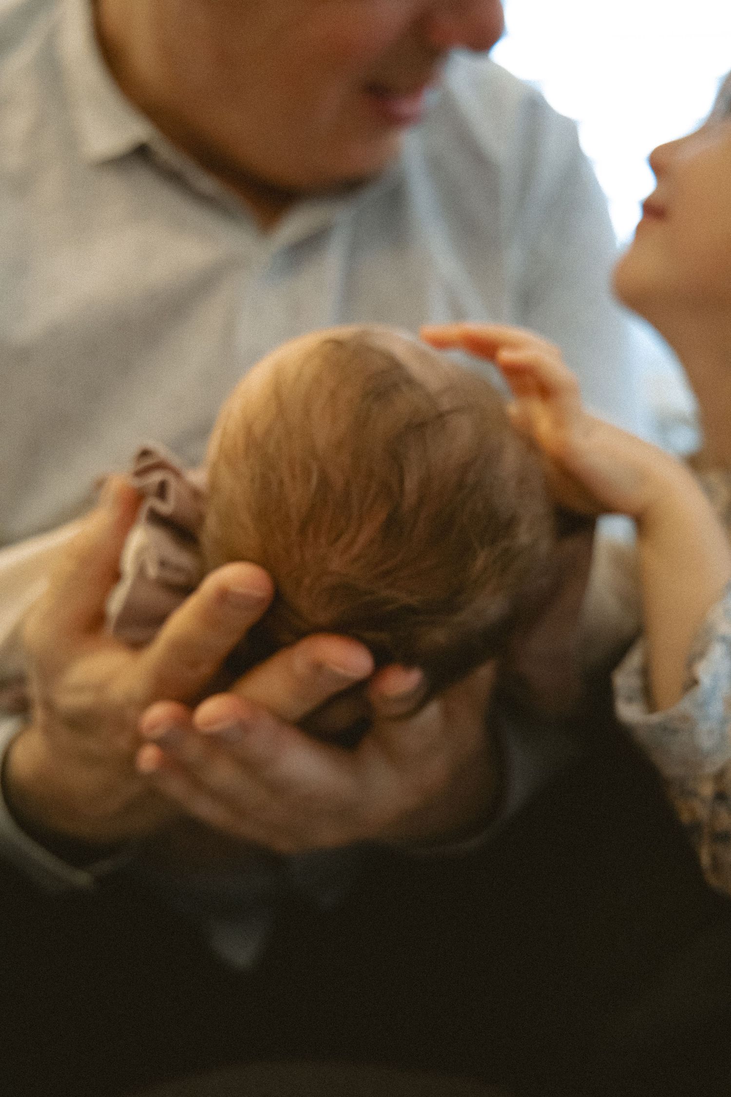 newborn being held by dad's hands while older sister touches baby and looks at dad