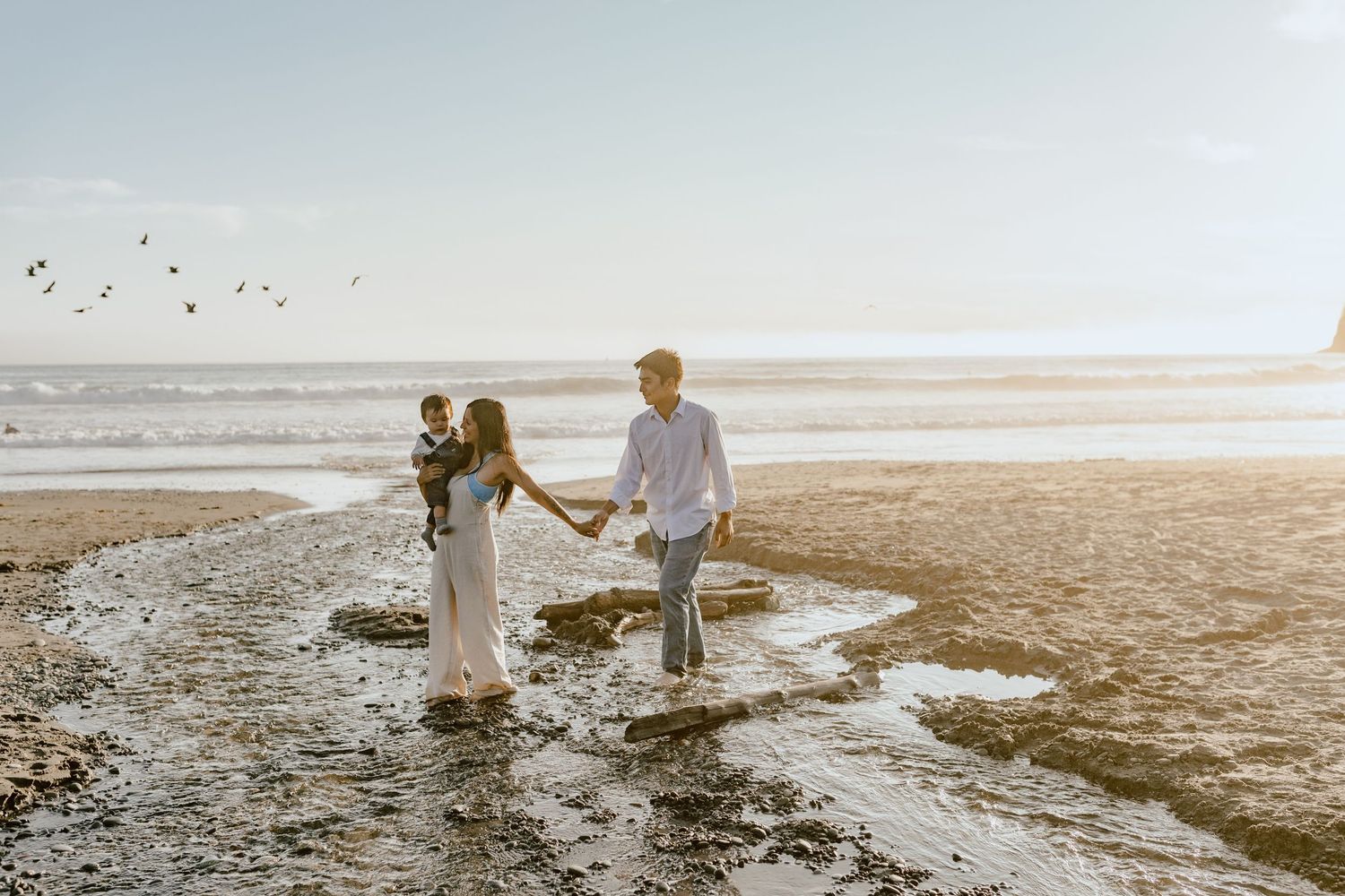 Couple walking along misty beach shore at sunset with birds flying overhead.
