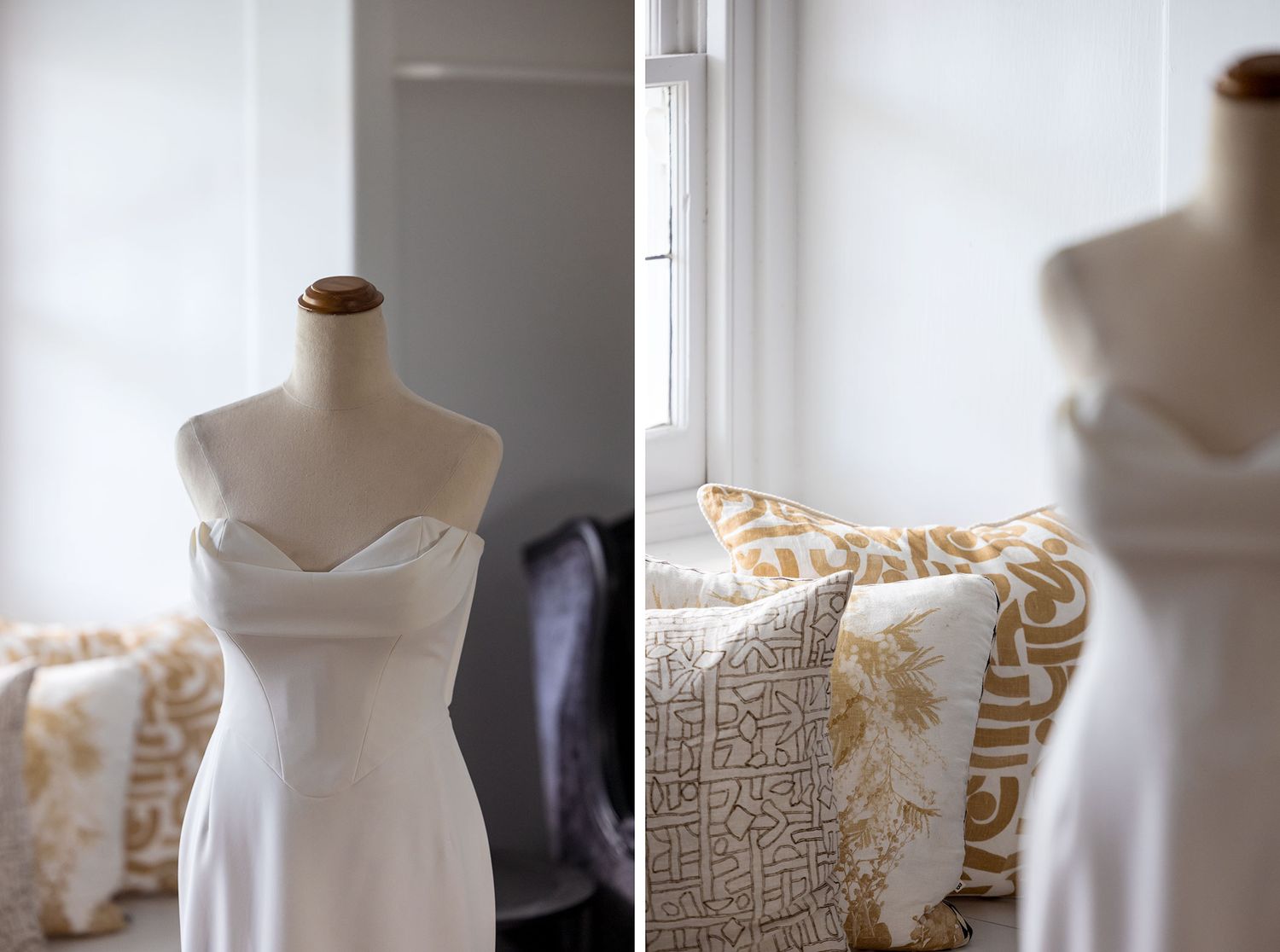 A elegant homestead living room features a white wedding dress on display, with black velvet chairs and bay windows at Quondong Wahgunyah.