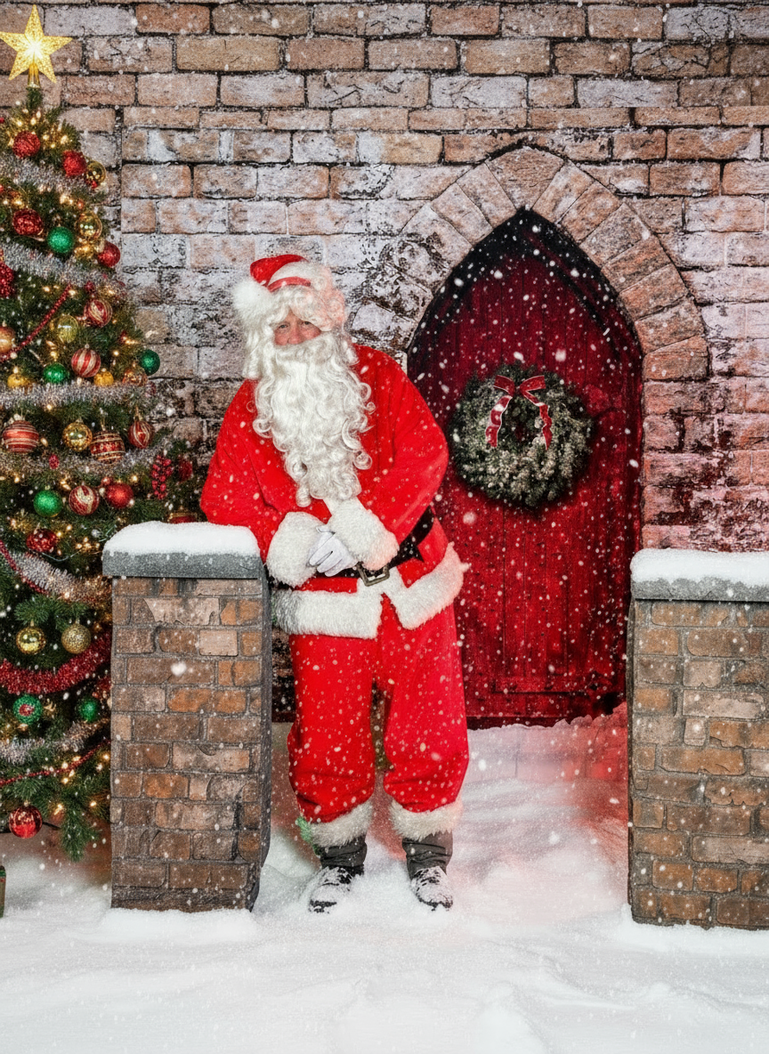 Santa Claus standing by red door with Christmas tree and falling snow.