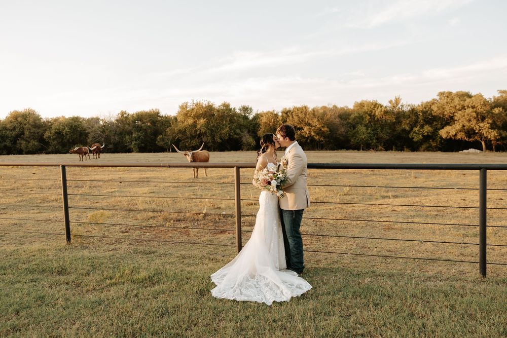 A series of wedding photos showing a couple dancing and embracing in a sunlit field with wooden fences.