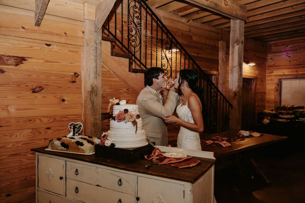 Multiple candid wedding moments captured in rustic wooden interior setting.
