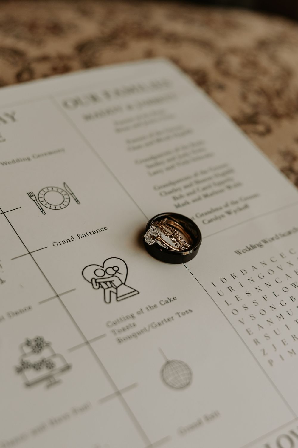 Wedding timeline schedule with cute icons and a ring detail shot on white paper.