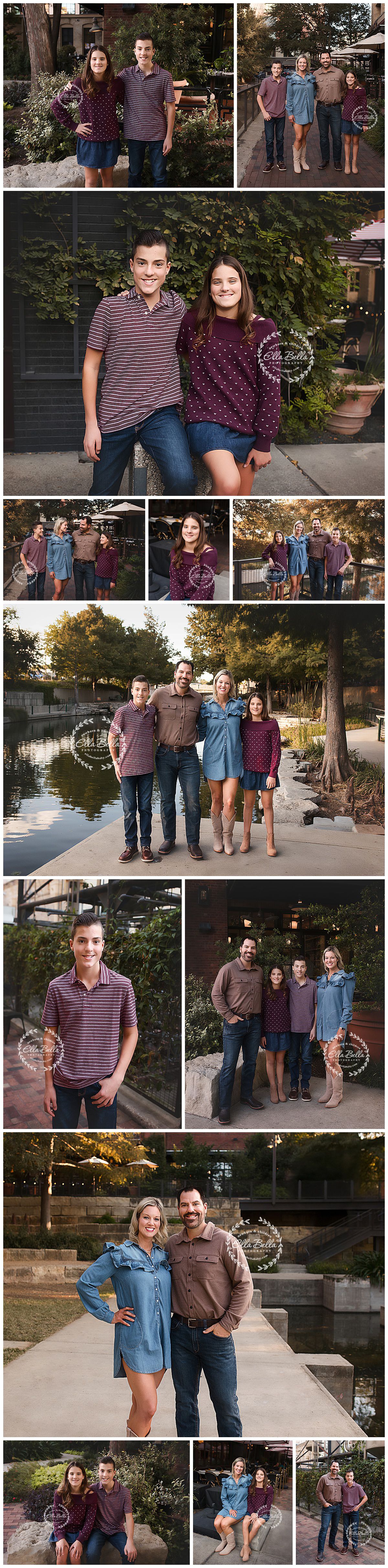 Family photo session at a lakeside park during sunset with coordinated burgundy and blue outfits.