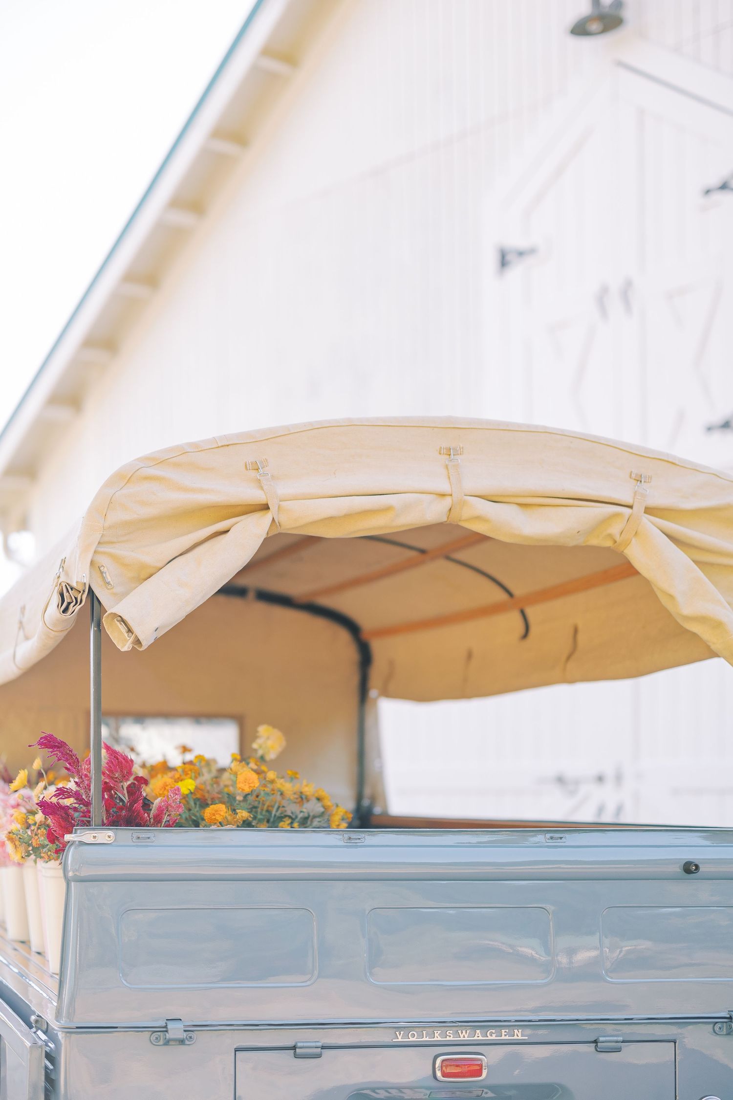 Vintage truck with beige canvas canopy parked against white wall with colorful flowers displayed in back.