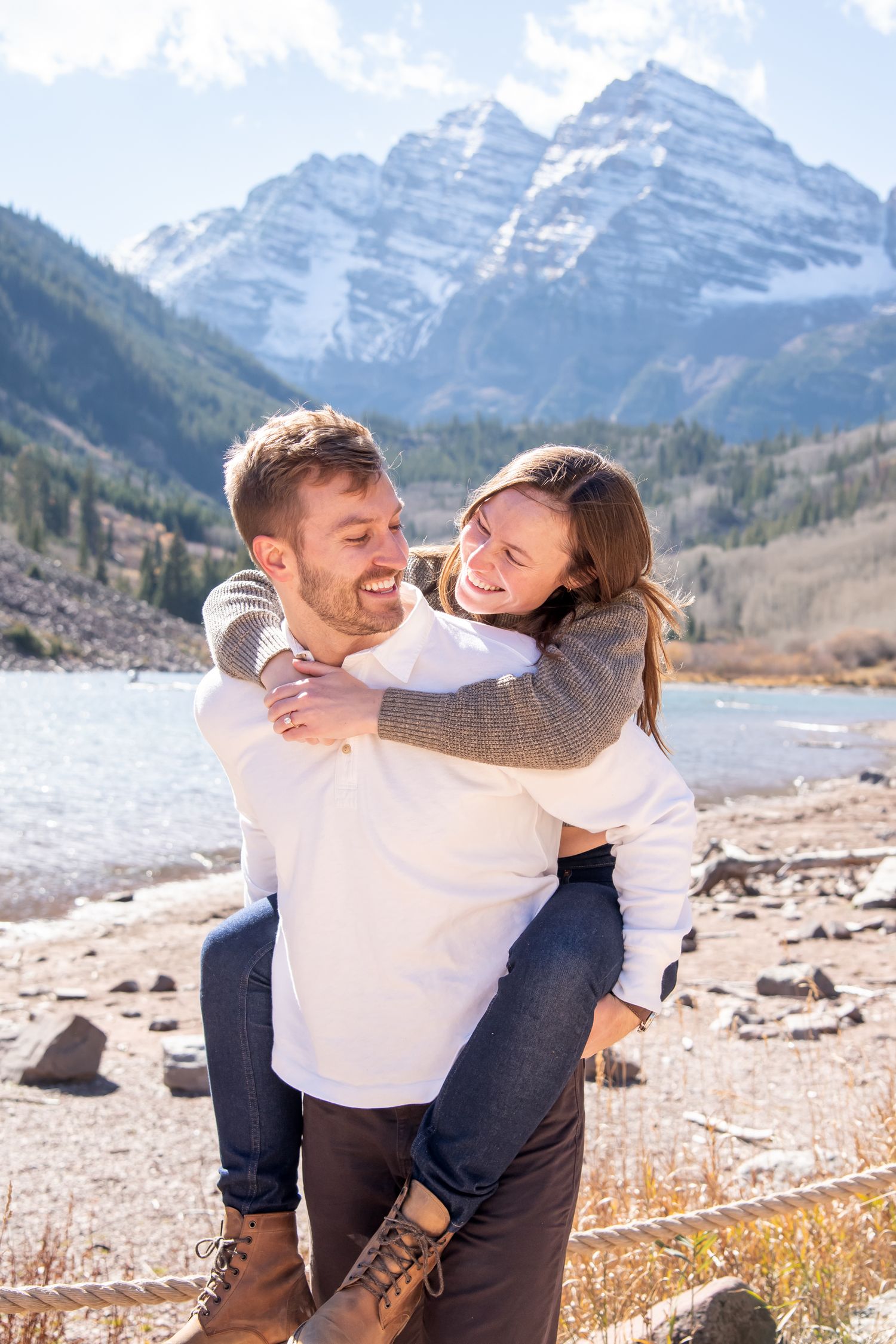 Cute candid moment of a couple at The Maroon Bells in Aspen Colorado