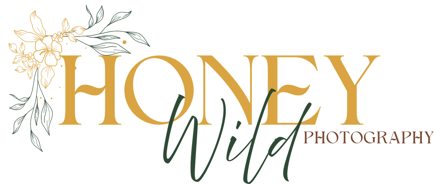 Elegant photography logo design with gold text and delicate floral elements.