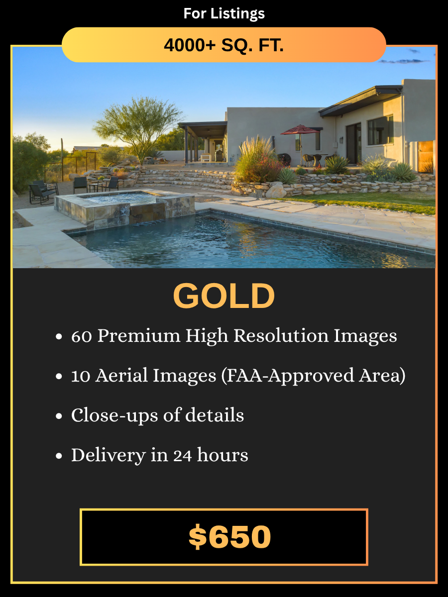 Real estate photography Gold package pricing card showing twilight pool photo for homes over 4000 sq ft at $650.