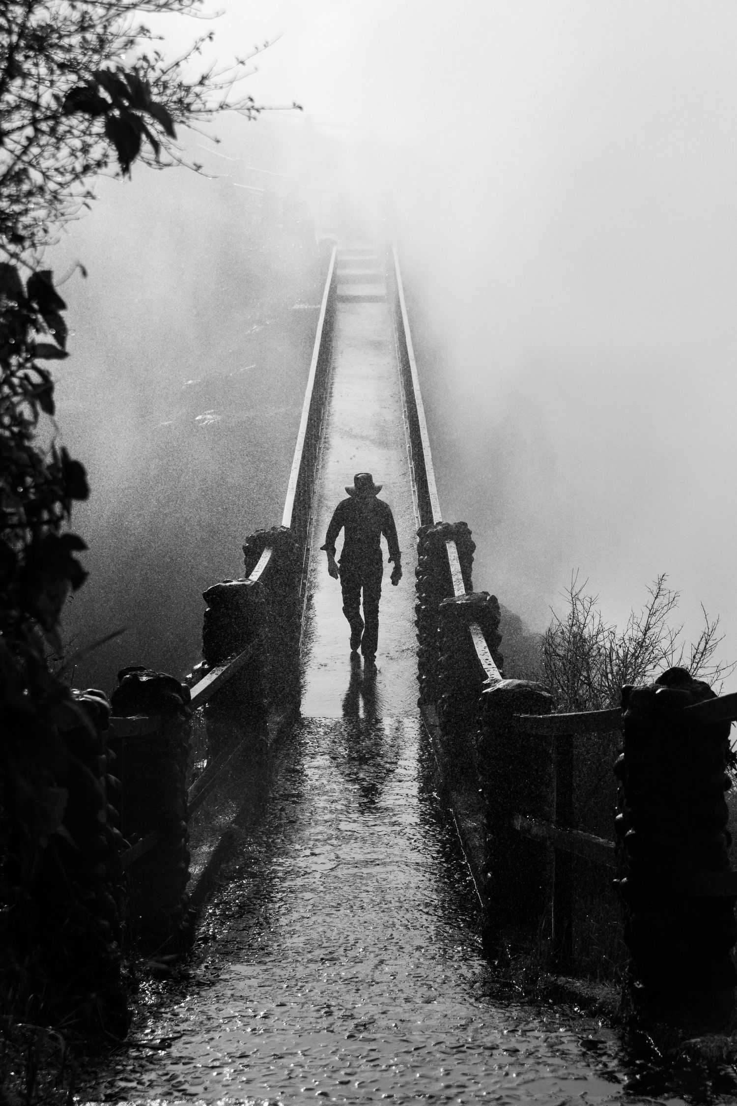 Silhouetted figure walking on a misty bridge creates an atmospheric black and white scene.