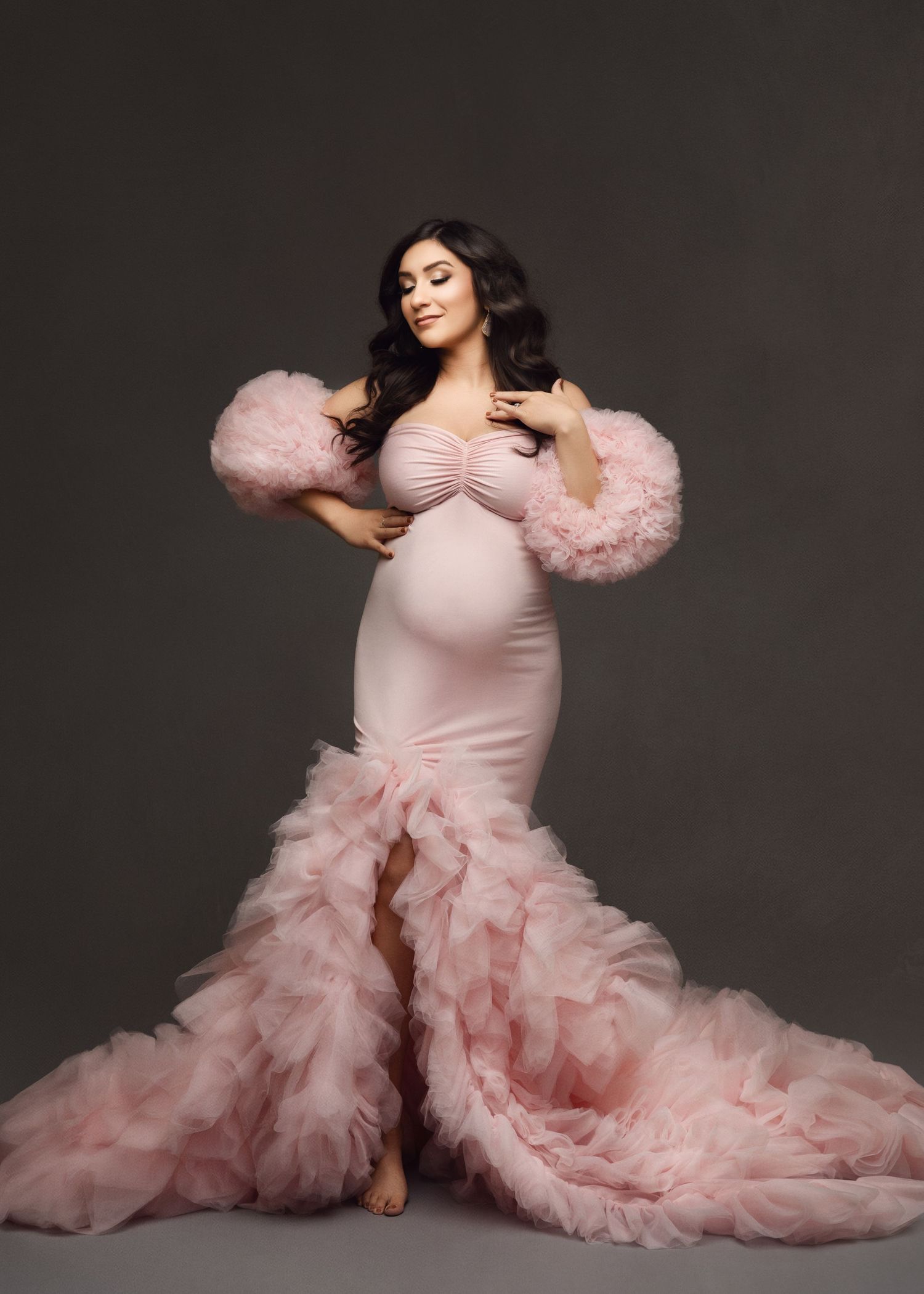 Luxury maternity photoshoot in Oklahoma City featuring couture gown