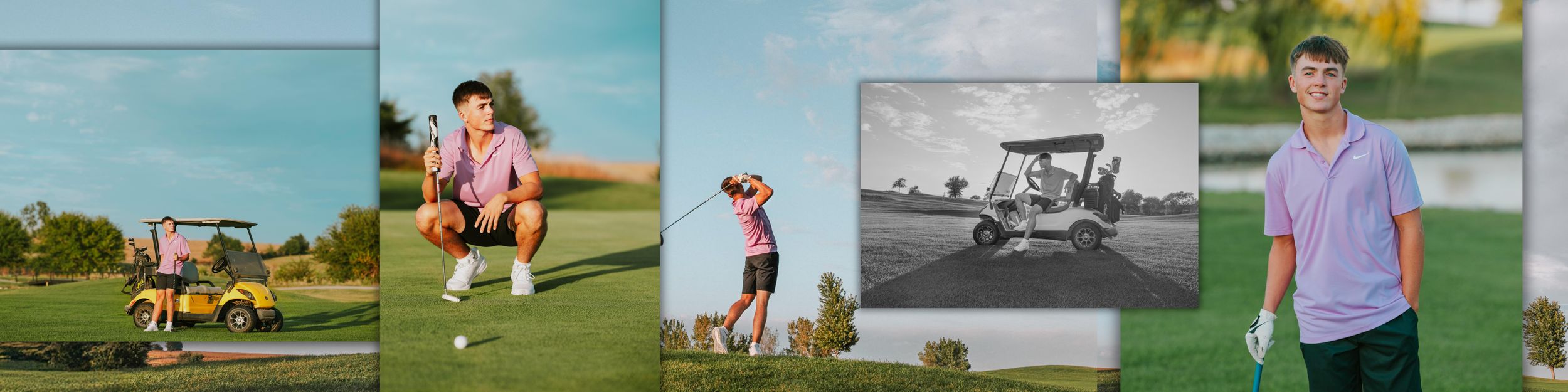 A collection of golf-themed images showing players on courses, golf swings, and scenic fairway views.