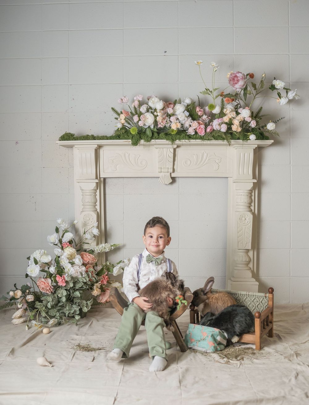 A series of vintage-inspired studio portraits featuring soft floral arrangements and delicate styling in a light, airy setting.
