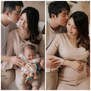 A couple shares tender moments in beige outfits, showing their journey from pregnancy to parenthood with their newborn baby.一對夫婦身著米色服裝，分享著溫馨