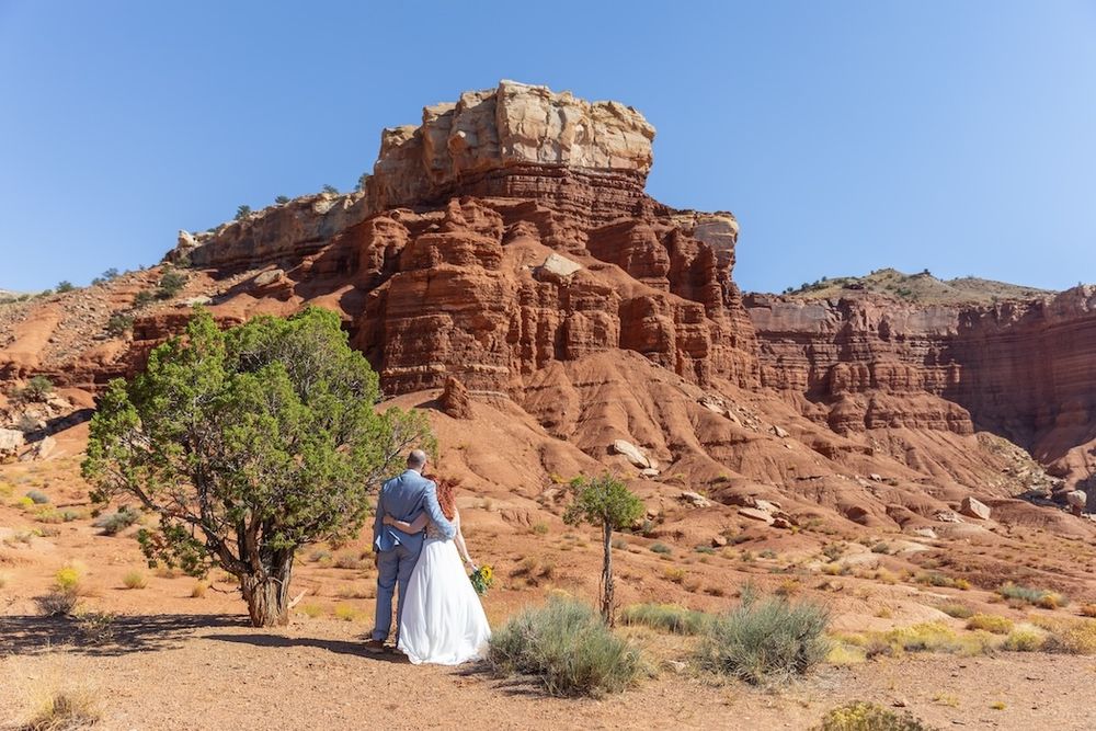 Desert wedding photo session among towering sandstone cliffs and desert vegetation in Utah's red rock country.
