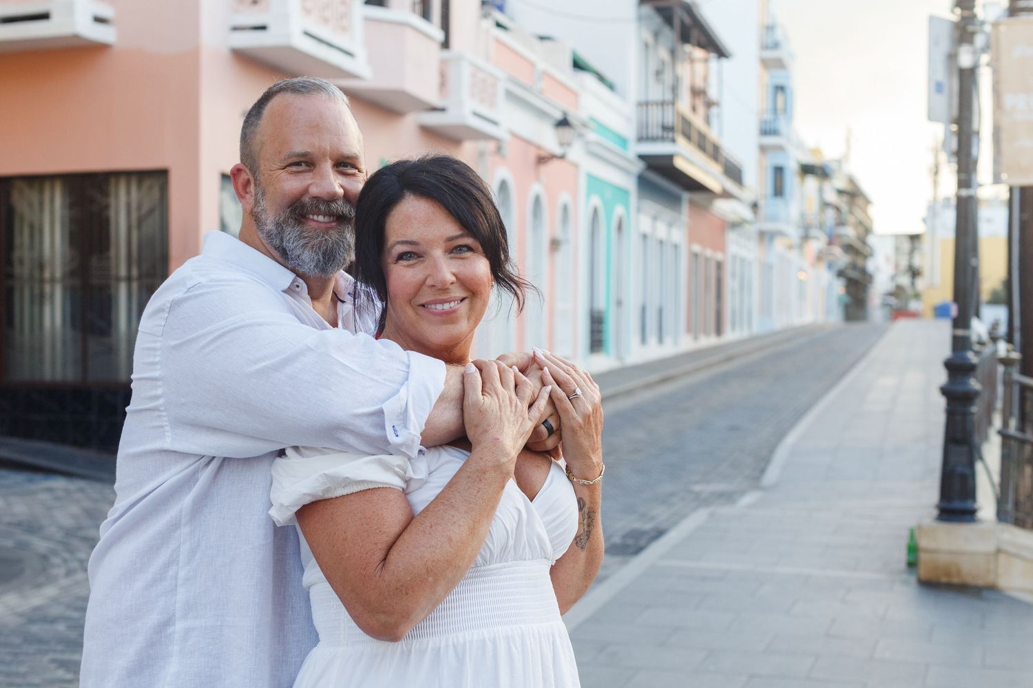 Wedding portrait. Colorful street in Old San Juan, Puerto Rico.