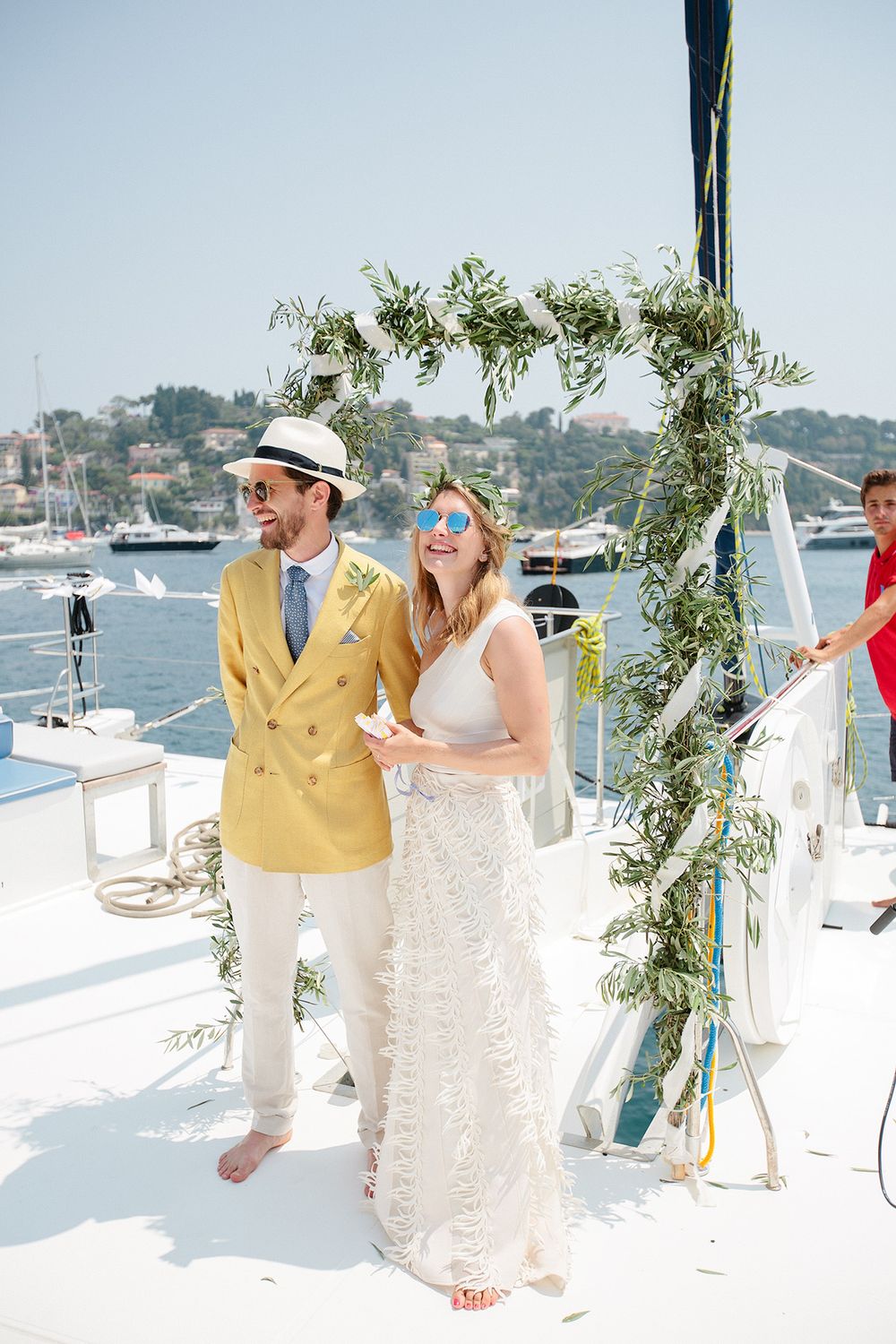 Bride and groom after their catamaran wedding ceremony on the French Riviera