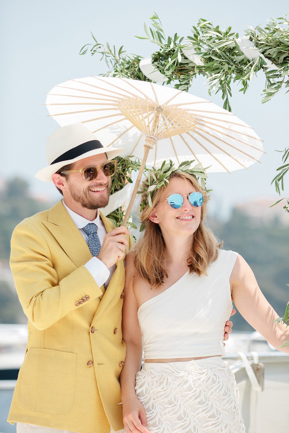 Bride and groom during a catamaran wedding in Villefranche-sur-Mer