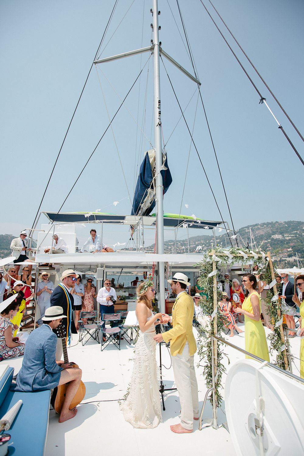 Catamaran wedding ceremony in the bay of Villefranche-sur-Mer on the French Riviera